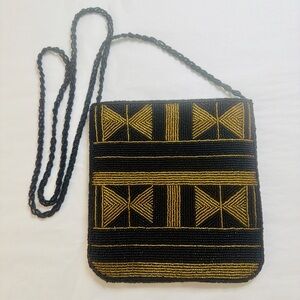 Vintage Elegant Black and Gold Beaded Shoulder Bag